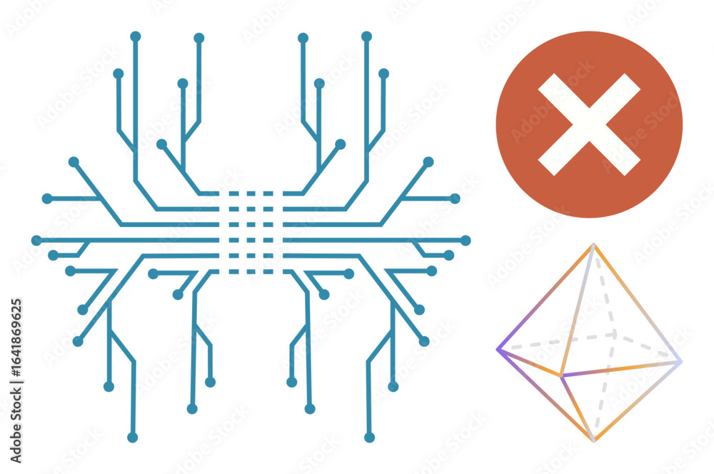 Poster circuit board pathways branching outward, red cross symbol representing error, gradient-outlined geo