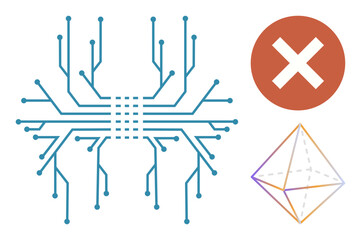 Circuit board pathways branching outward, red cross symbol representing error, gradient-outlined geometric shape. Ideal for technology, error alert, innovation, circuits, geometry, problem-solving