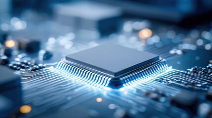 Close-up of a Microchip on a Circuit Board Emitting Blue Light, Illustrating Technological Advancement and Innovation