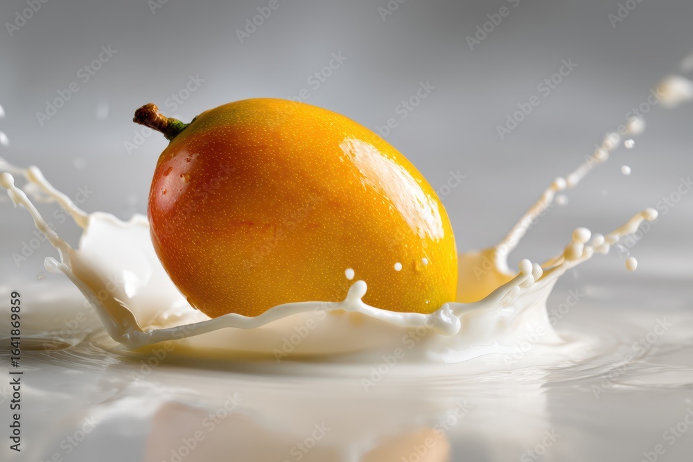 Poster mango splashes into milk creating a dynamic scene of freshness and flavor in a kitchen setting