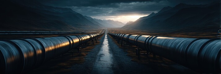 Oil Pipeline Stretching Across Vast Desert Landscape Under Dramatic Sky at Dusk