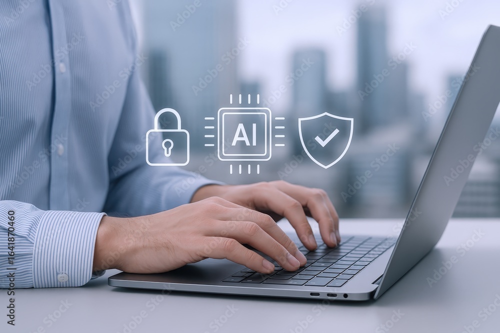 Poster ai-powered cybersecurity solution: man using laptop with security icons, high-tech data protection, 
