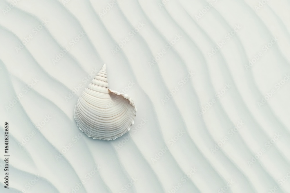 Poster white seashell lying on textured sand with ripples, creating a minimalist and elegant composition