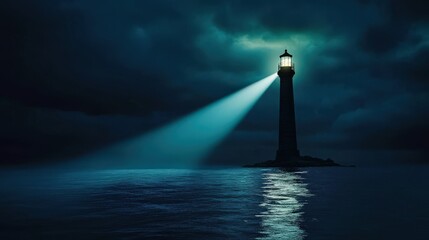 Lighthouse beam illuminates dark stormy sea.