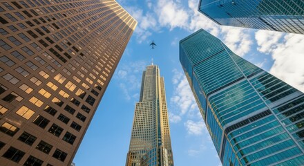 Obraz premium Downtown Skyscrapers Rising to a Blue Sky: Modern Architecture Perspective with Airplane in Flight