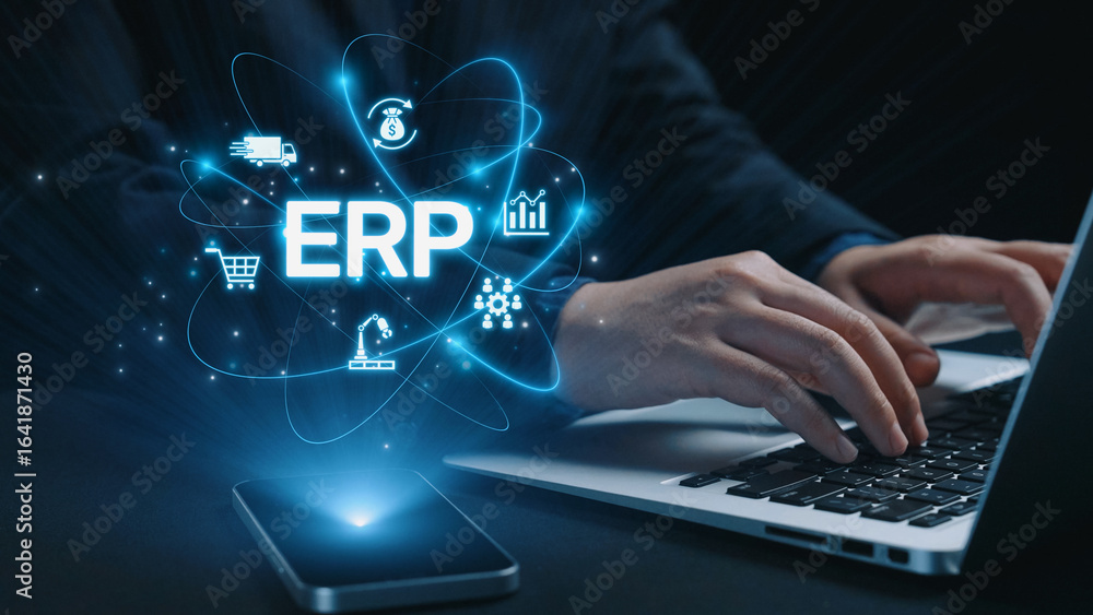 Poster erp platform visual showing centralized system for enterprise resource planning, improving integrati