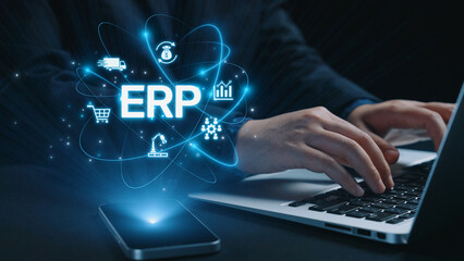 ERP platform visual showing centralized system for enterprise resource planning, improving...