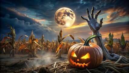 Scary monster hand reaching from a haunted cornfield with a glowing pumpkin and full moon