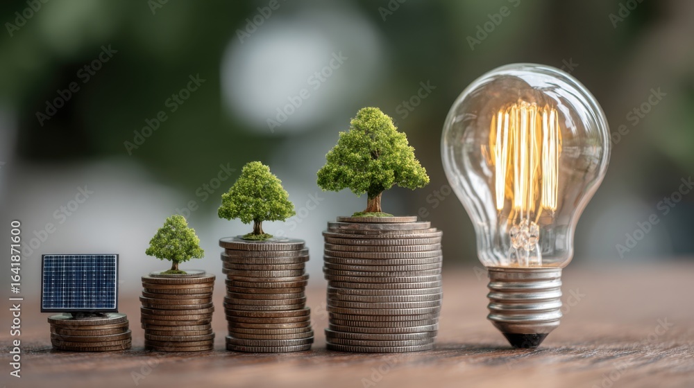 Poster a tree is on top of a stack of coins and a light bulb. concept of growth and progress, as the tree r