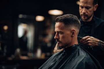 Barber giving a stylish haircut to a man in a modern salon in the evening atmosphere