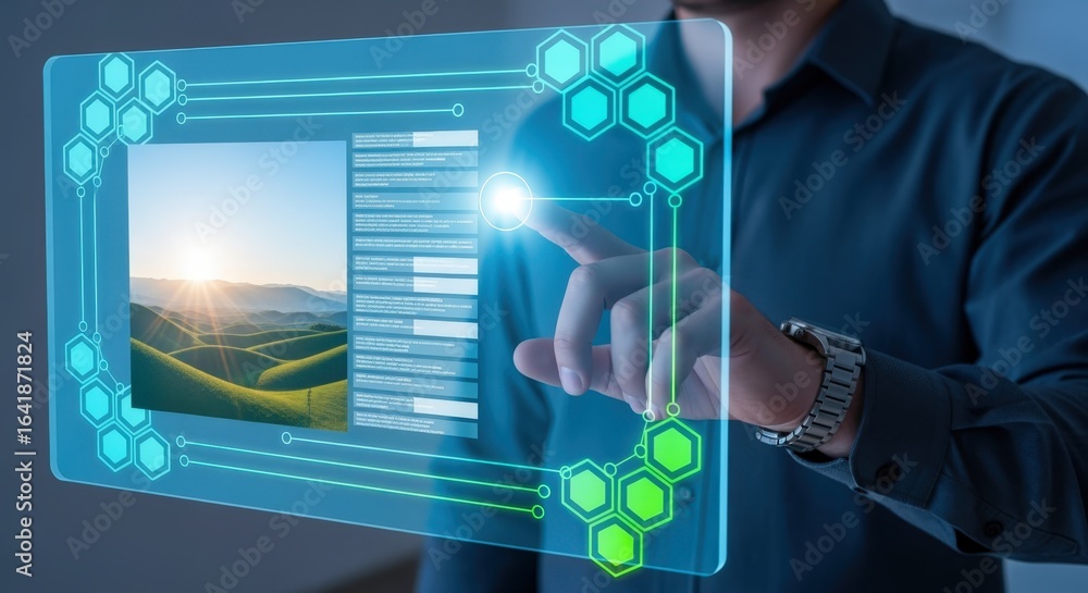 Poster man interacting with a futuristic transparent touchscreen display for data analysis and visualizatio