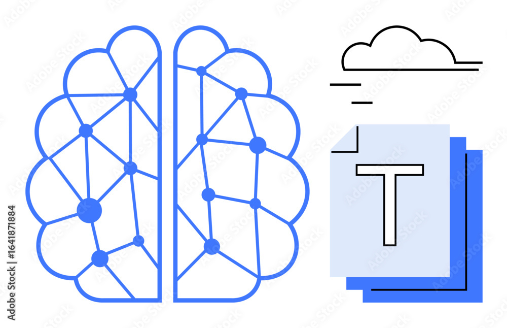 Poster brain-thumbs up neural network structure, cloud icon, stack of text documents highlighting artificia