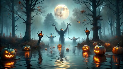 Halloween night with monsters rising from the water under a full moon, illuminated by glowing pumpkins