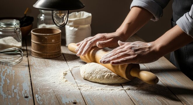Hands rolling dough on a wooden surface with flour and baking ingredients in the background under light