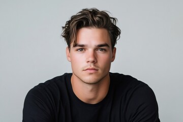 Fototapeta premium Modern minimalist portrait of a serious young man wearing a black t shirt on a gray background