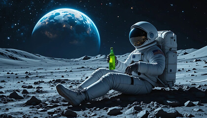 Obraz premium Astronaut on the Moon Drinking a Beer with Earth in the Background, Ideal for Fun, Space, and Advertising Concepts
