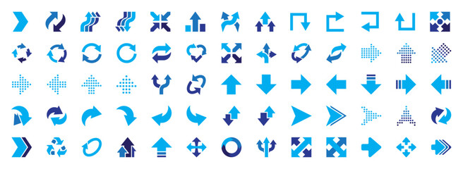 Blue arrows big icons collection. Arrow symbol. Direction, cursor, pointer sign. Decorative arrows. Modern design elements for apps, interface, business and project. Flat design. Vector illustration.