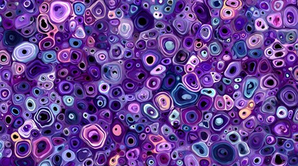 abstract geometric pattern in vibrant purple, blue, and pink tones with layered circular and oval shapes creating a dynamic and textured visual composition.