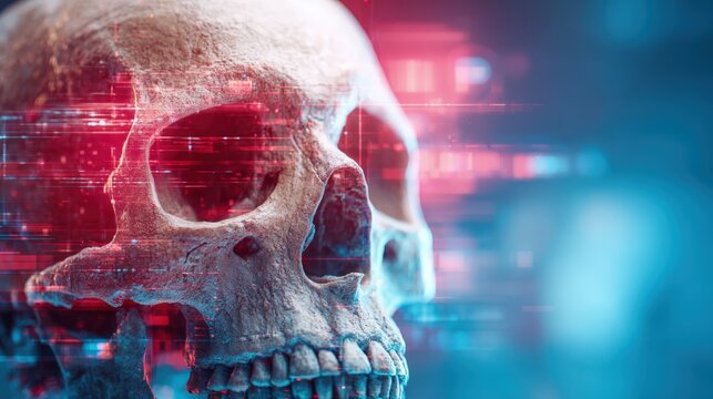 Human Skull with Digital Data Overlay, Concept for Mortality, Cyber Security, or Digital Threats