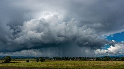 A stormy sky with dark clouds and rain pouring down. The sky is filled with a sense of foreboding and unease