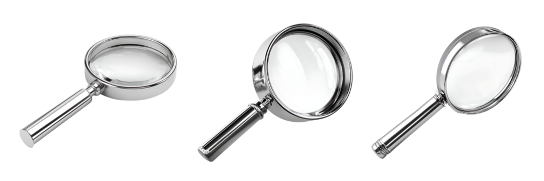 Set of magnifying glasses, isolated on a transparent background.