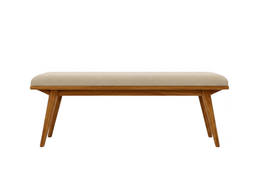 A light colored upholstered bench with wooden legs isolated on transparent background