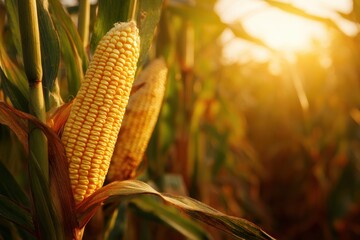 Golden corn ears growing in a lush field during sunset in late summer
