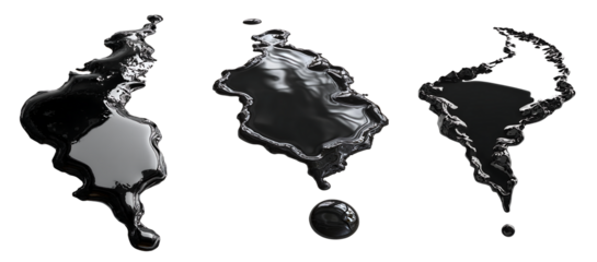 Set of glossy black liquid exclamation marks, isolated on a transparent background.