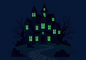 Spooky Haunted House with Glowing Green Windows at Night