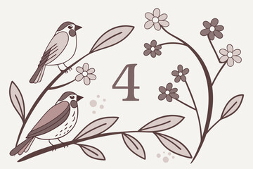 Two cute birds sitting on branches with flowers and the number four in a simple illustration style