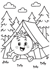 Coloring book page of a tomato camping and sitting in front of a tent.