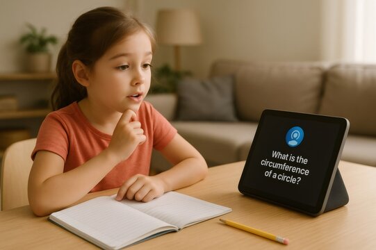 Elementary school student concentrating on her math homework, using a virtual assistant on a smart home device for help - Powered by Adobe