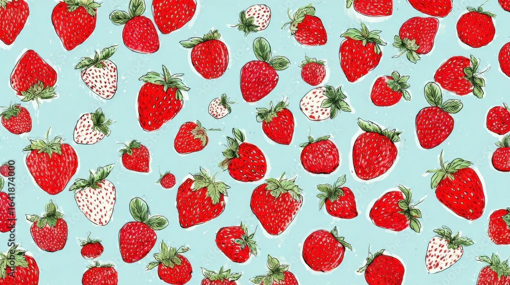 Poster a blue background with a bunch of red strawberries. the strawberries are in different sizes and are 