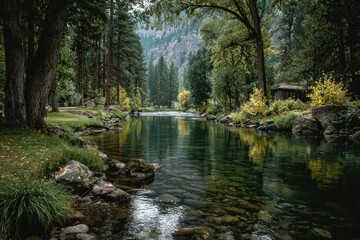 A tranquil view of a river lined with trees, symbolizing life and continuity.