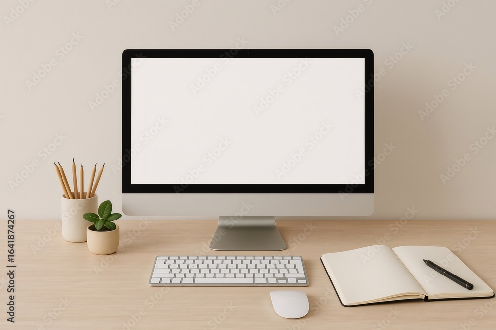 Poster modern workspace showing computer with blank screen, keyboard, mouse, open notebook with pen, pencil