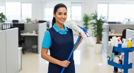 Young cleaning lady smiling and holding mop in office