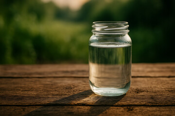 Glass jar filled with clear water placed on rustic wooden table in natural outdoor setting, clean drinking water concept, hydration health symbol, eco-friendly lifestyle, pure refreshment, sustainable