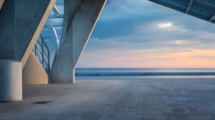Modern architectural space overlooking ocean with concrete design against sunset, creative cityscape background with copy space