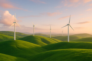 Wind turbines on rolling green hills at sunrise, renewable energy landscape, sustainable power generation, eco-friendly electricity production, clean energy future, wind farm efficiency, environmental