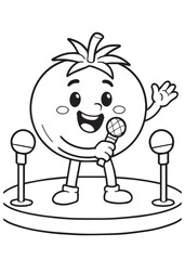 Coloring book page of a tomato singing on stage with microphones.