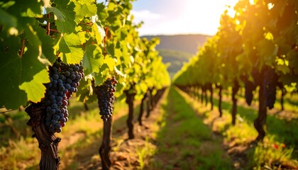 Grape vines sunset vineyard rows