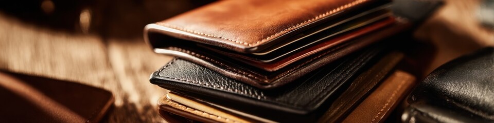 Luxurious leather wallets stacked, showcasing craftsmanship and timeless style