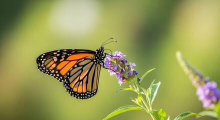 Obraz premium Monarch butterfly feeding on a purple flower in a natural setting