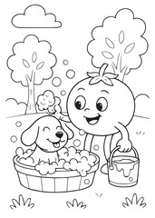 Coloring book page of a tomato washing a dog in a backyard tub.