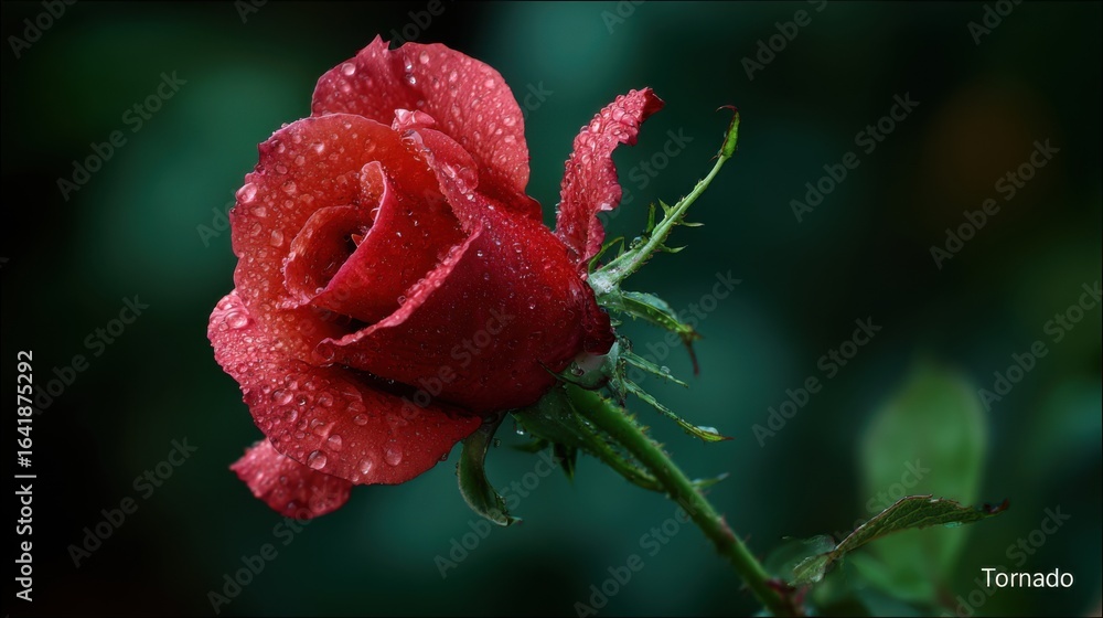 Aufkleber a red rose with dew drops on it. the image has a mood of serenity and calmness