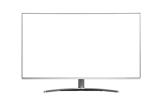 Curved widescreen monitor with metallic stand isolated on a transparent background