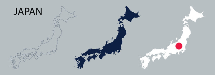 Obraz premium Japan map vector set featuring outline, dark silhouette, and national flag design in white with red circle, perfect for travel, education, culture, and geographic illustration projects.