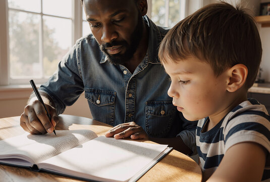 african american father teaching young son how to write in a notebook at home in natural sunlight