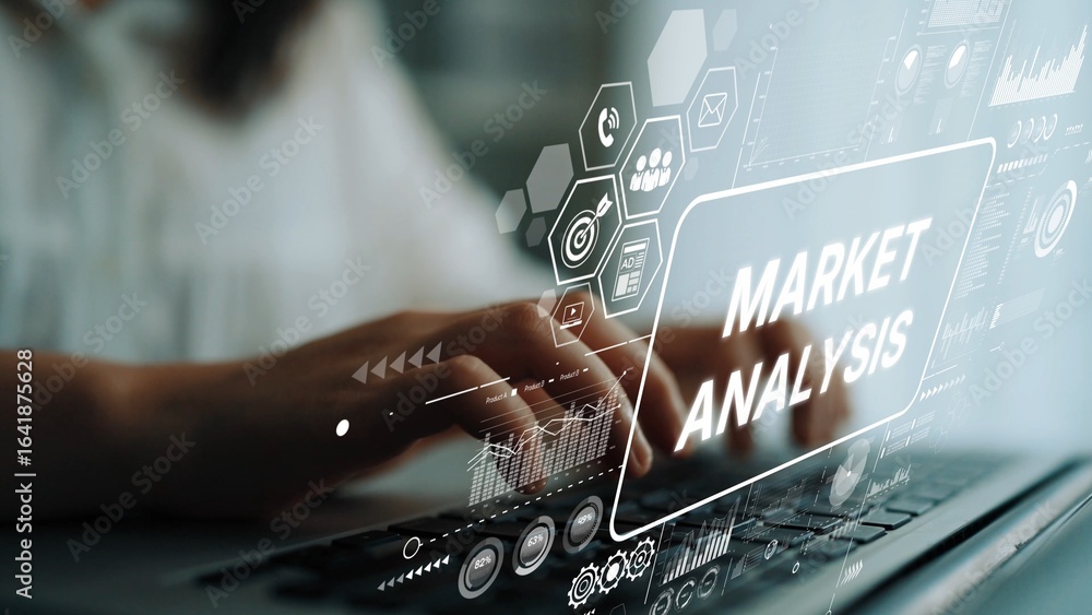 Poster digital market analysis concept with hands typing on laptop and graphs, charts, and icons for financ