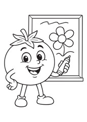 Coloring book page of a tomato drawing a flower on a whiteboard.